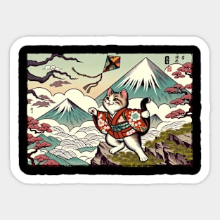 Vintage Japanese Art Kite Flying Mountain Mt. Fuji Cute Cat T-Shirt Sticker